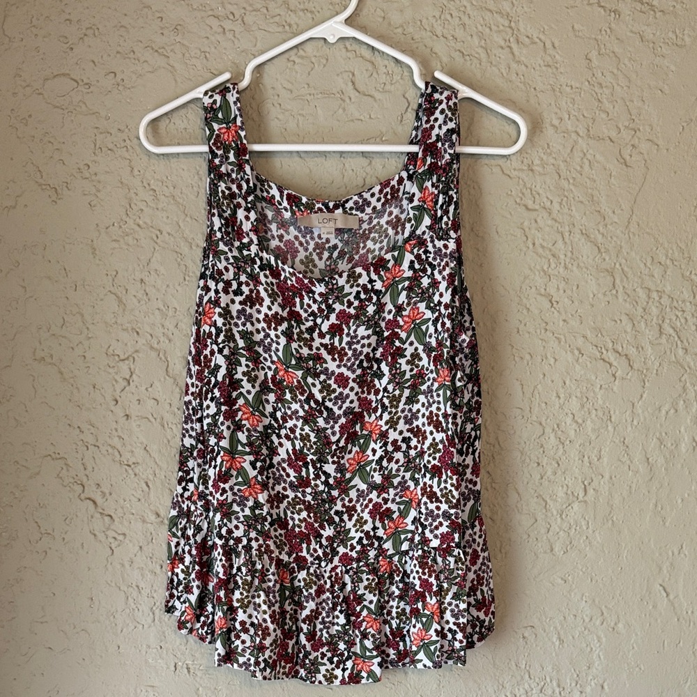 LOFT Tank Top with Red Floral Print and Ruffle Hem